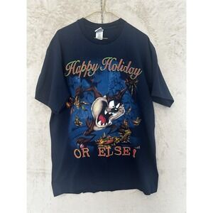 Looney Tunes Large T-Shirt Mens Navy Blue Excellent 1997 Taz Happy Holiday